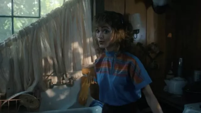 Chemise rayée vintage des années 80 portée par Nancy Wheeler (Natalia Dyer) vue dans la série télévisée Stranger Things (saison 4 épisode 9)