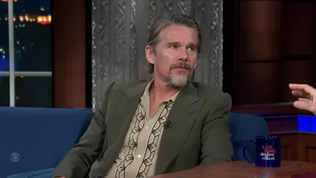 Printed shirt worn by Ethan Hawke as seen in The Late Show with Stephen Colbert