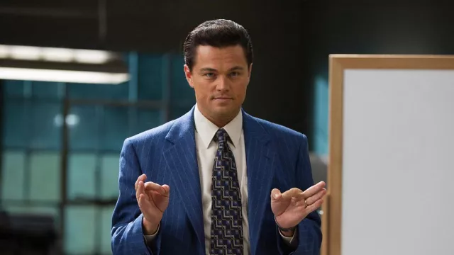 Blue Suit Jacket with lighter lines worn by Jordan Belfort (Leonardo DiCaprio) in The Wolf of Wall Street movie