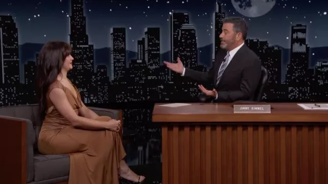 Brown long dress worn by Olivia Cooke as seen in Jimmy Kimmel Live