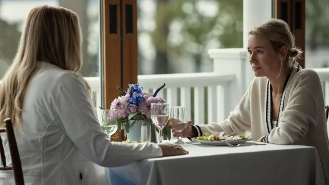 White cardigan worn by Maria Broaddus (Naomi Watts) as seen in The Watcher TV series (Season 1)