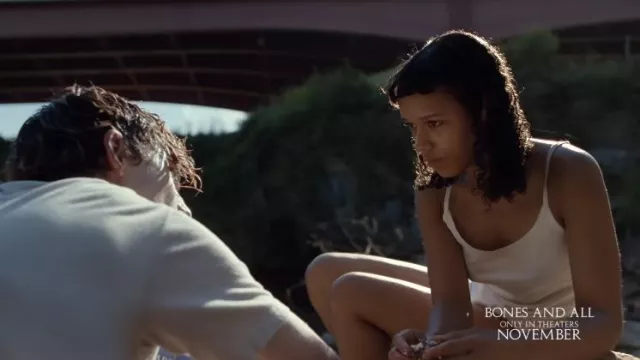 White tank top worn by Maren Yearly (Taylor Russell) as seen in Bones and All