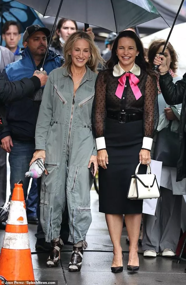 Converted Closet by Kate McGuire utility zip jumpsuit worn by Sarah Jessica Parker on the New York City set for the second season of And Just Like That.... TV series