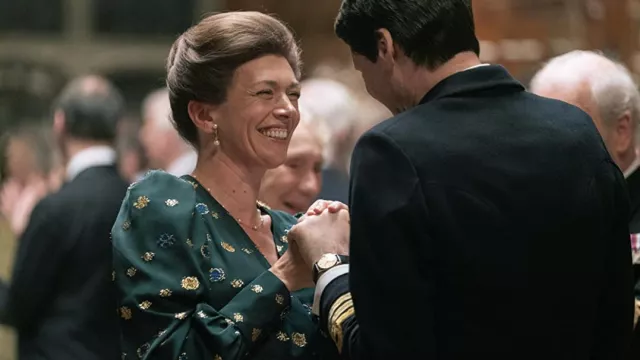 Green Embroidered Dress worn by Princess Anne (Claudia Harrison) as seen in The Crown TV show wardrobe (Season 5)
