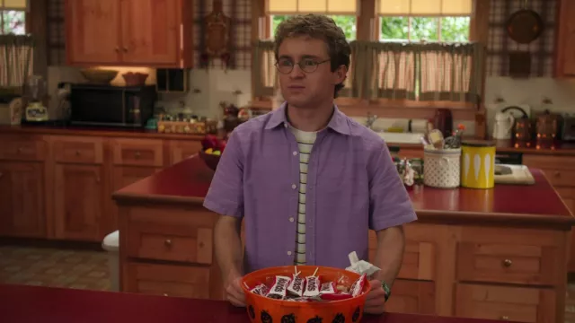 Purple short sleeve button shirt worn by Adam Goldberg (Sean Giambrone) as seen in The Goldbergs TV series outfits (S10E06)
