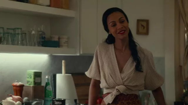 Node check blouse top worn by Amy Wheeler (Zoe Saldana) as seen in From Scratch (S01E04)