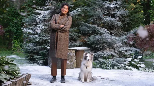 Brown long coat worn by Rachel (Barrett Doss) as seen in The Noel Diary movie wardrobe