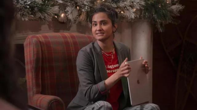 Red printed t-shirt worn by Bela Malhotra (Amrit Kaur) as seen in The Sex Lives of College Girls TV show wardrobe (S02E04)