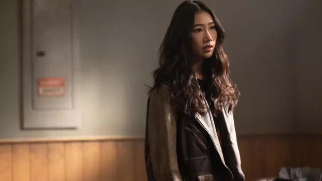 Leather jacket worn by Nicky Shen (Olivia Liang) as seen in Kung Fu Wardrobe (Season 3 Episode 8)