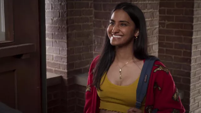 Mustard yellow crop top worn by Bela Malhotra (Amrit Kaur) in The Sex Lives of College Girls (S02E06)