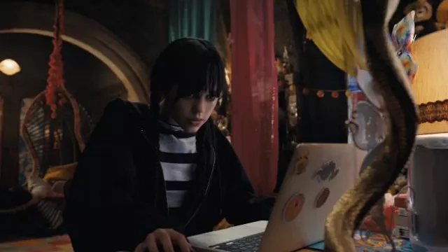 Oversize Hoodie With Two Stripes (Equal Sign) On The Right Arm And A Flytrap Design worn by Wednesday Addams (Jenna Ortega) in Wednesday TV show wardrobe (Season 1 Episode 1)
