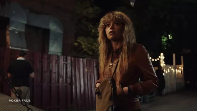 Leather jacket in brown worn by Charlie Cale (Natasha Lyonne) as seen in Poker Face TV series (Season 1)