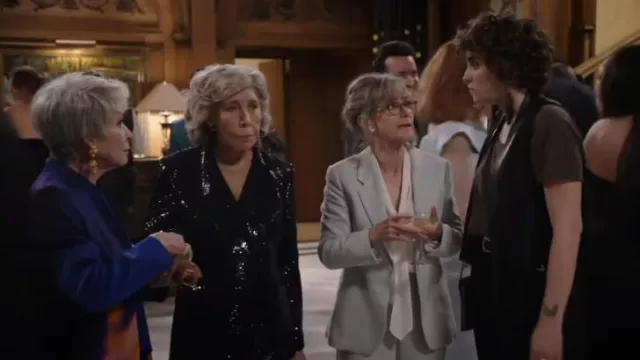 Black sequin blazer and pants set worn by Lily Tomlin as seen in 80 for Brady outfits