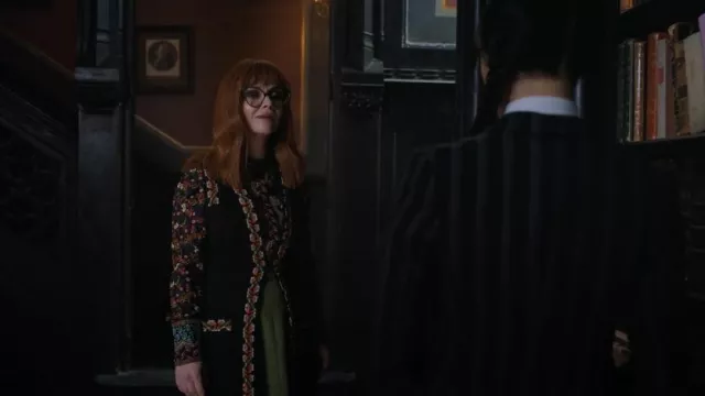Flower & plant-themed coat worn by Marilyn Thornhill (Christina Ricci) in Wednesday (Season 1 Episode 2)