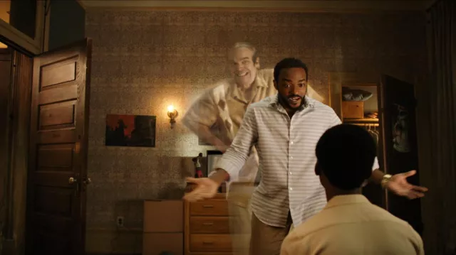 Striped shirt worn by Frank (Anthony Mackie) as seen in We Have a Ghost