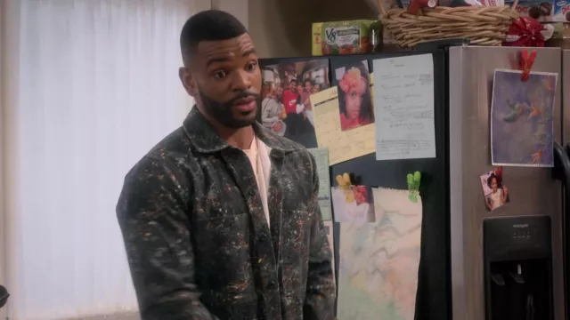 Printed jacket worn by Bernard (Jermelle Simon) as seen in The Upshaws TV show (S03E03)