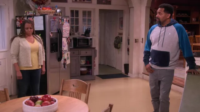 Champion color block hoodie worn by Bernard Upshaw (Mike Epps) as seen in The Upshaws (S03E08)