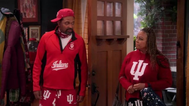 Indiana Red zip sweater worn by Bernard Upshaw (Mike Epps) as seen in The Upshaws TV series outfits (S03E08)