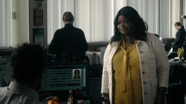 Mustard yellow dress worn by Poppy Scoville-Parnell (Octavia Spencer) as seen in Truth Be Told TV series outfits (Season 3 Episode 5)