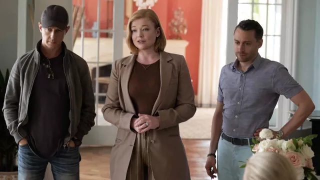 Brown long blazer jacket worn by Shiv Roy (Sarah Snook) as seen in Succession TV show wardrobe (Season 4)