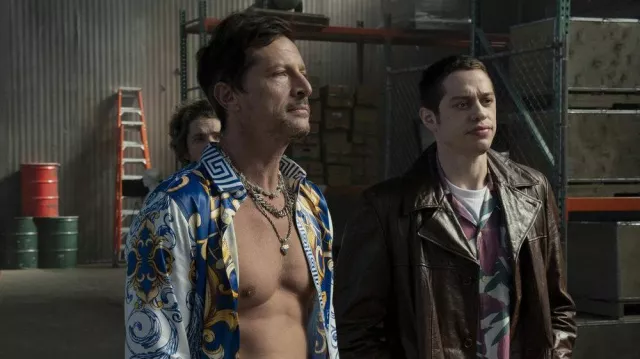 Printed shirt worn by Crispy (Simon Rex) as seen in Bupkis TV series (Season 1 Episode 4)