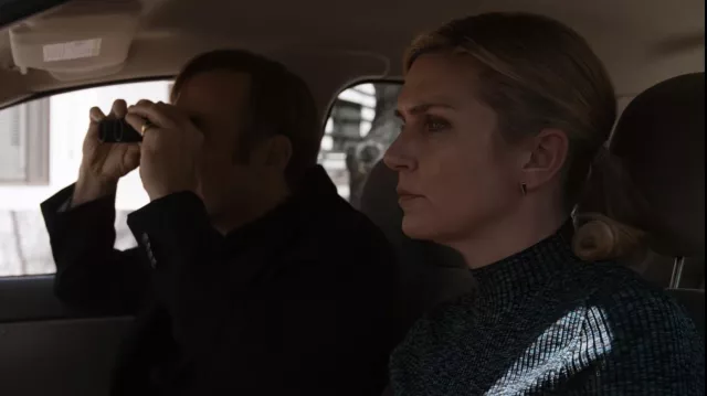Blue ribbed poloneck top worn by Kim Wexler (Rhea Seehorn) in Better Call Saul TV series (Season 6 Episode 1)