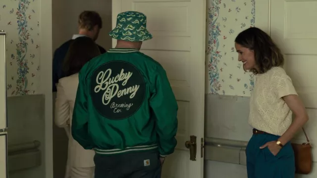 Lucky Penny Brewing Co. jacket in green worn by Will (Seth Rogen) as seen in Platonic (S01E02)
