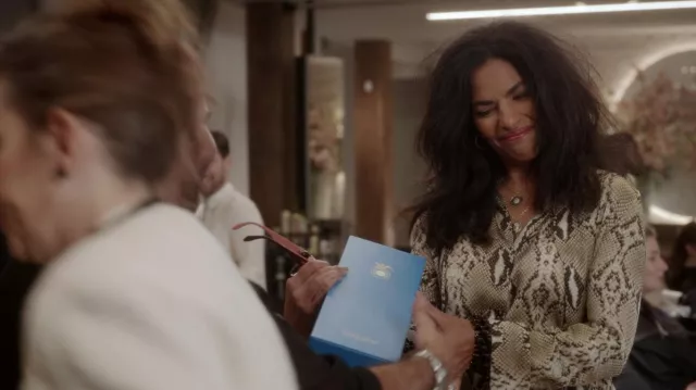 Snake printed shirt worn by Seema Patel (Sarita Choudhury) as seen in And Just Like That… TV show (S02E02)