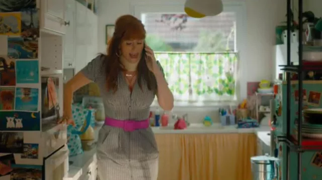 The plaid grey dress worn by Morgane Alvaro (Audrey Fleurot) in HPI: High Intellectual Potential (S01E07)