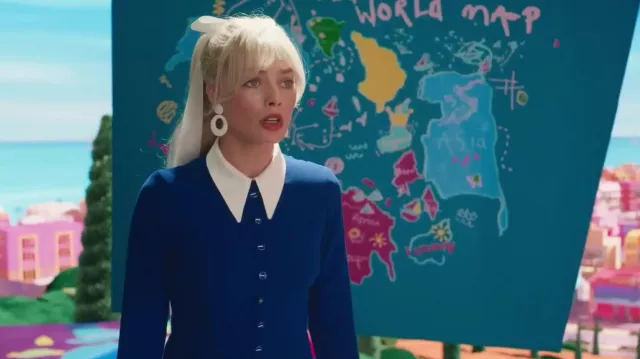 The blue dress with the shirt worn by Barbie (Margot Robbie) in the movie Barbie
