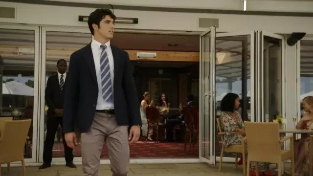 The "unstructured" blue mesh blazer worn by Alex Claremont Diaz (Taylor Zakhar Perez) in Red White and Royal Blue (My Dear F***ing Prince)