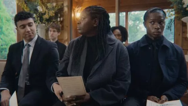 The blue overshirt worn at Maeve's mother's funeral by Jackson Marchetti (Kedar Williams-Stirling) in the series Sex Education (S04E06)