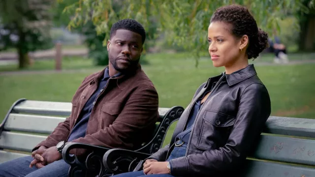 Brown suede jacket worn by Cyrus (Kevin Hart) as seen in Lift movie