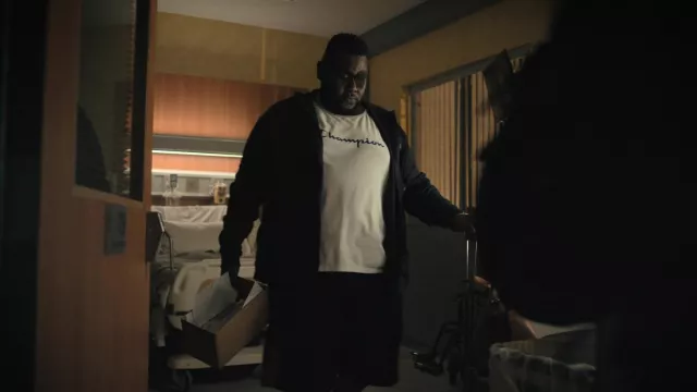 Champion white tee worn by Osito (Atkins Estimond) as seen in Hightown (S03E05)