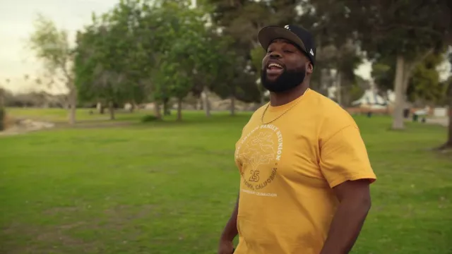 Yellow tee worn by Uncle Mike (Kareem Grimes) as seen in The Vince Staples Show (S01E03)