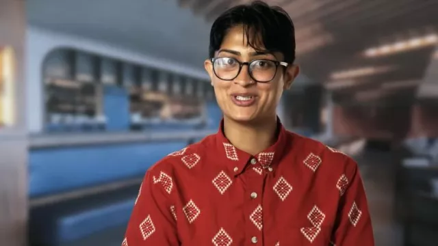 Geometric print red shirt worn by Rasika Venkatesa as seen in Top Chef TV show (Season 21)