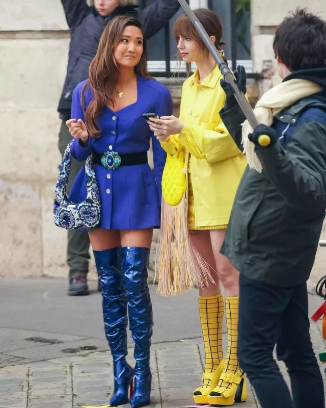 Checkered Yellow Socks worn by Lily Collins on the set of Emily in Paris TV series Season 4