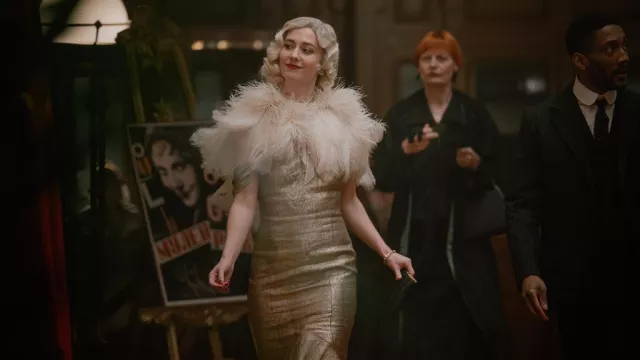 Fur collar gold dress worn by Anna Urbanova (Mary Elizabeth Winstead) as  seen in A Gentleman in Moscow Wardrobe (Season 1) | Spotern