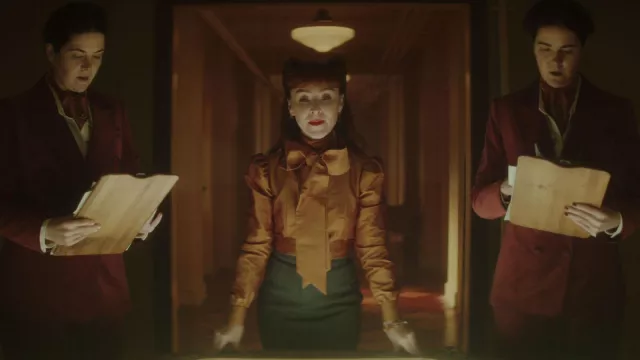 Necktie blouse top worn by Night Nurse (Ruth Connell) as seen in Dead Boy Detectives (Season 1)