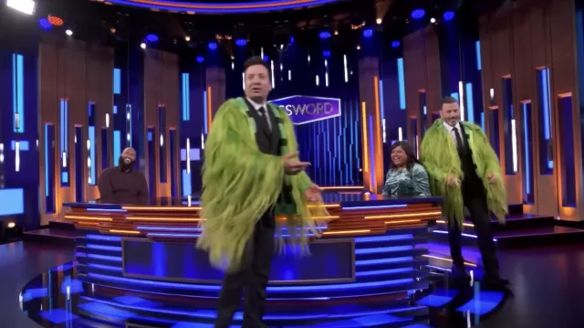 Fuzzy Green Coat worn by Jimmy Fallon and Jmmy Kimmel in Password On April 2024