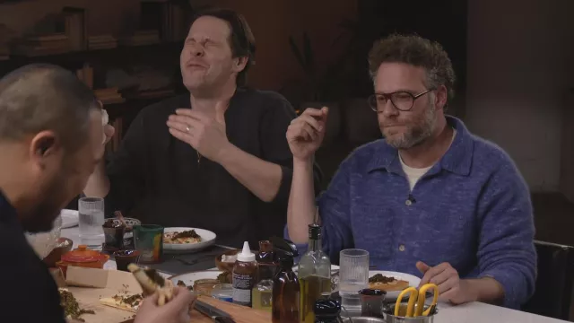 Blue Wool Sweater Cardigan worn by Seth Rogen in Dinner Time Live with David Chang