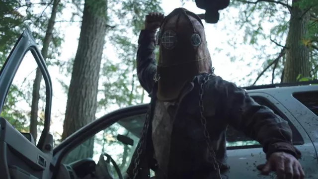 Leather Helmet Mask worn by Johnny (Ryan Barrett) as seen in In a Violent Nature movie