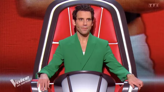 The green suit jacket worn by Mika on The Voice: The Battles on April 13, 2024