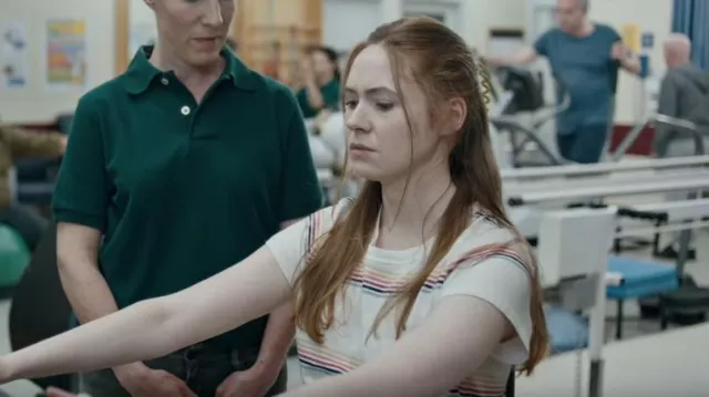 Late Bloomers: white shirt with multicolor stripes worn by Karen Gillan as Louise