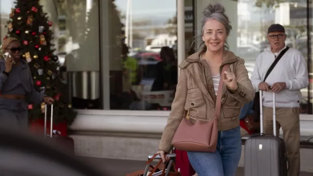 Hacks outfits from season 3: leather Jacket worn by Nina (Jane Adams) in season 3, episode 7