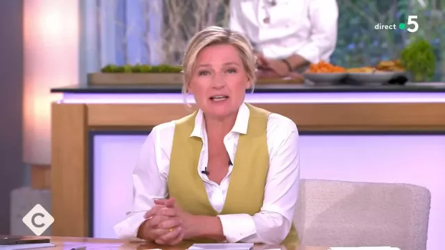C à Vous' looks: Anne-Élisabeth Lemoine wears a yellow vest in the June 3, 2024 show