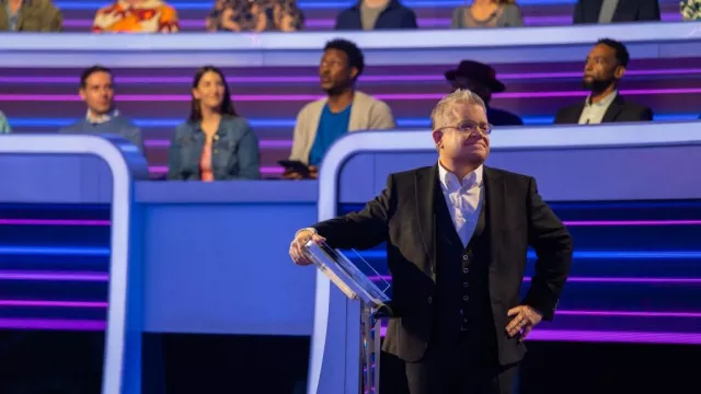 Outfits from The 1% Club TV show: Patton Oswalt is wearing 3 Piece suit in US first season on June 2024