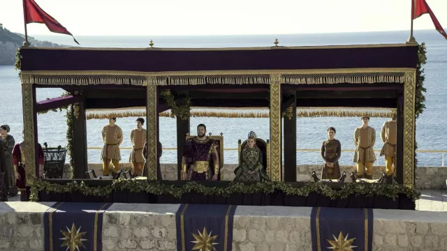 Vikings: Valhalla Wardrobe: Gold and Velvet Tunic Costume worn by George Maniakes (Florian Munteanu) in season 3