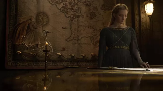 The Lord of the Rings: The Rings of Power - Wardrobe: Morfydd Clark wears  Pleated tunic dress to play Galadriel in season 2, episode 2 | Spotern
