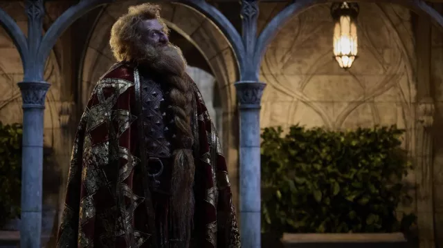 Costumes of The Lord of the Rings: The Rings of Power: Prince Durin IV (Owain Arthur) wears Red Gold embroidered velvet cape in season 2, episode 5